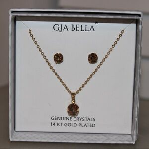 Gia Bella Jewelry Set Earrings & Necklace Genuine Crystals 14 Karat Gold Plated
